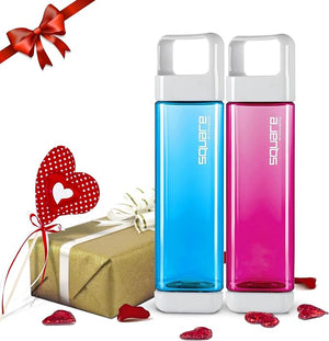 Valentines Day Gifts| Square Water Bottle 25oz | Opens from Both Ends | 2 Bottle Combo | Blue and Raspbery