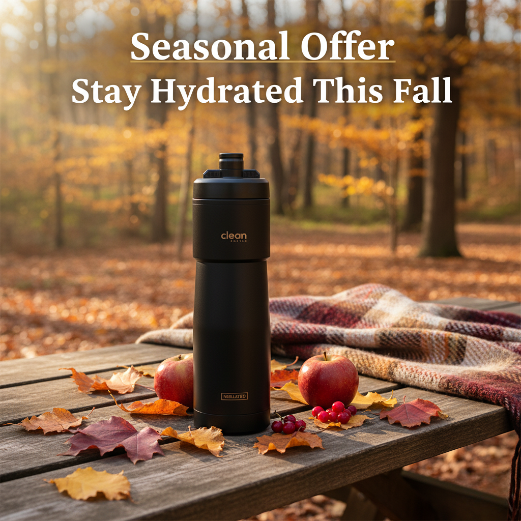 A black insulated water bottle and two apples sitting on a wooden picnic table with fall leaves and a plaid blanket, set against a blurred autumn forest background. The image has overlaid text that reads "Seasonal Offer Stay Hydrated This Fall".