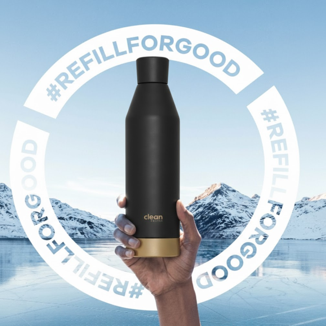 A hand holding a black and gold reusable water bottle against a snowy mountain and icy lake backdrop, with the text "#REFILLFORGOOD" circling it.