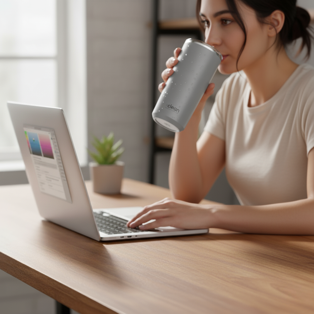 A woman working on a silver laptop at a wooden desk, taking a drink from a speckled gray insulated tumbler. A small houseplant is visible in the background.