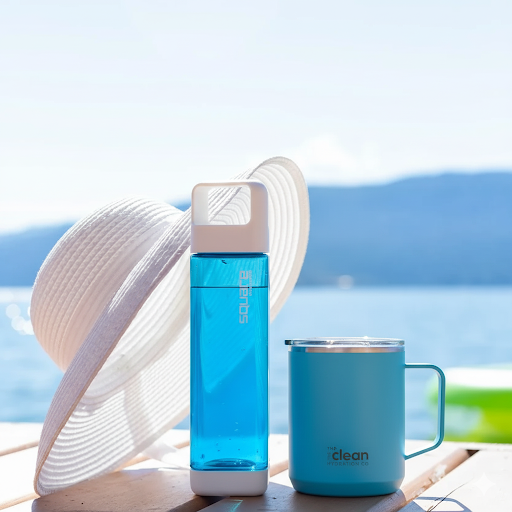 A blue water bottle, a light blue insulated mug, and a wide-brimmed white sun hat resting on a wooden surface with a sunny lake and mountains blurred in the background