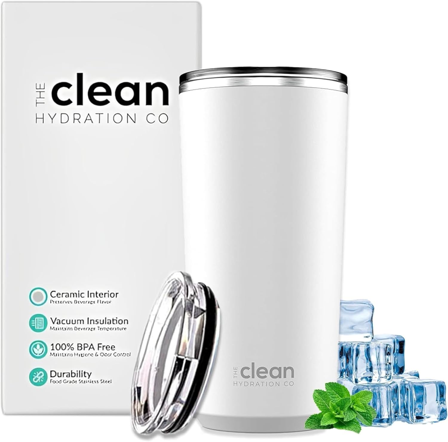 The Clean Hydration 20 oz Insulated Stainless Steel Travel Mug with Ceramic Inner Coating and No Metal Taste