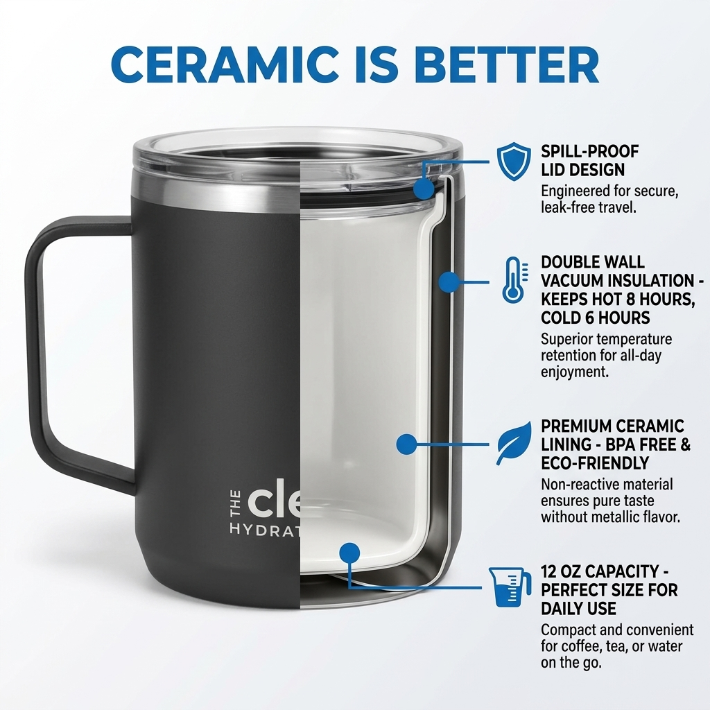 Ceramic Lined Insulated Coffee Mug with Lid - 12oz | Clean Hydration Co.