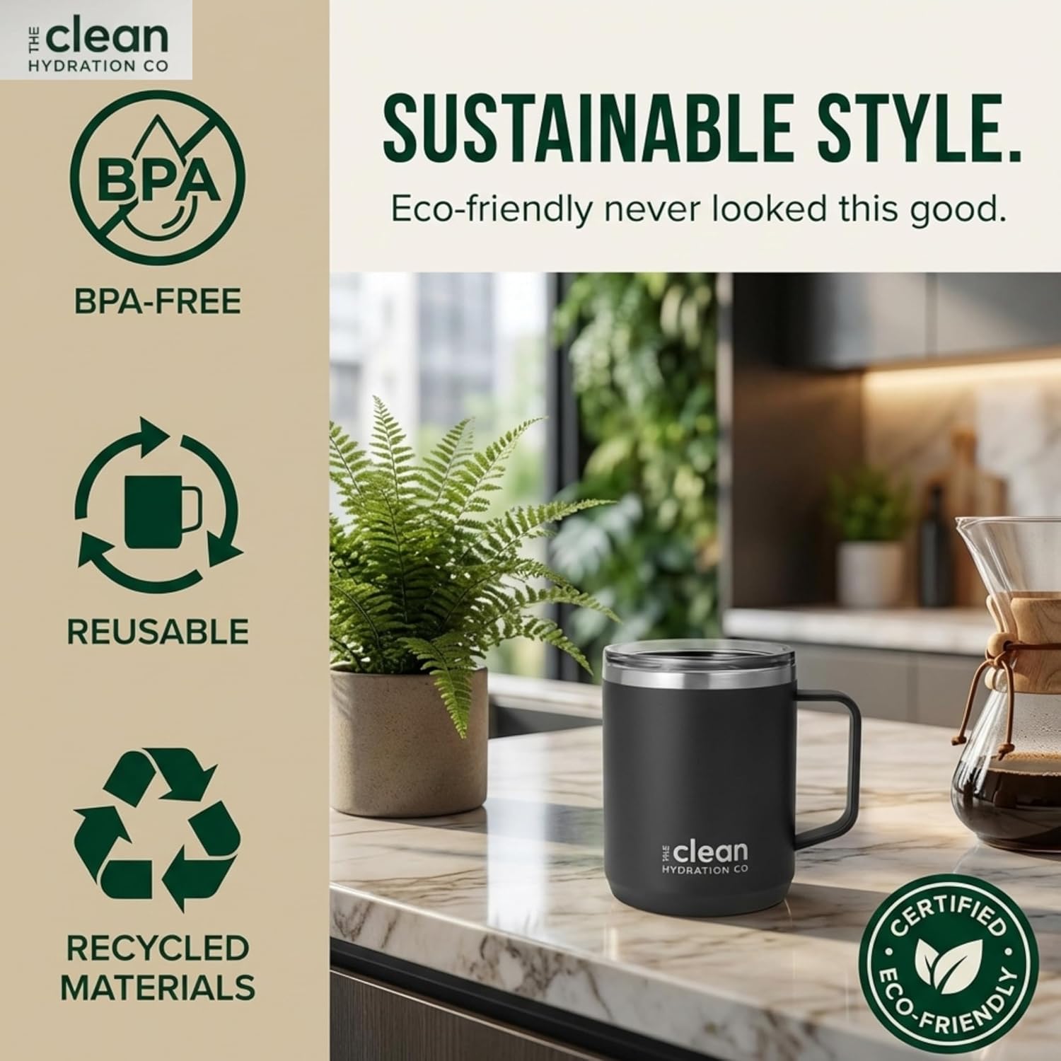 Ceramic Lined Insulated Coffee Mug with Lid - 12oz | Clean Hydration Co.