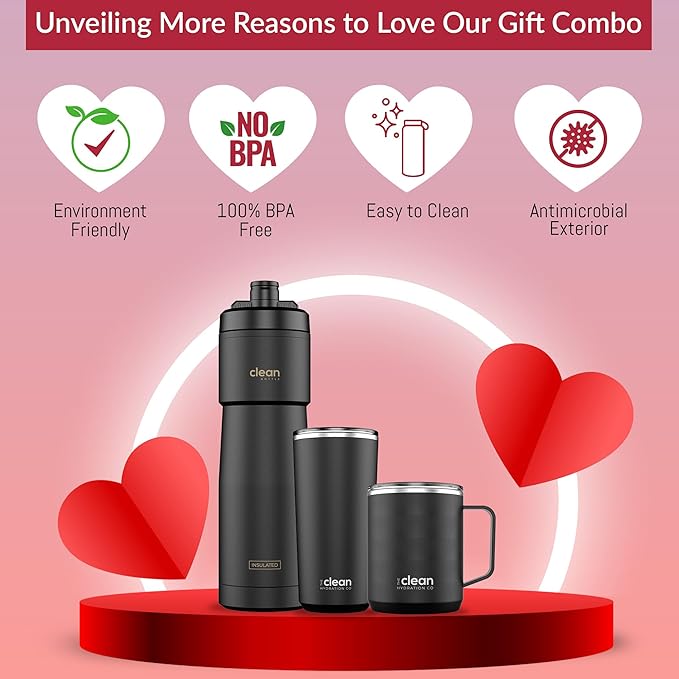 Clean Hydration Gift Set | Square Water Bottle 25 Oz | Insulated Bike Water Bottle 23 Oz | Double Wall Ceramic Tumbler 20 Oz | Black
