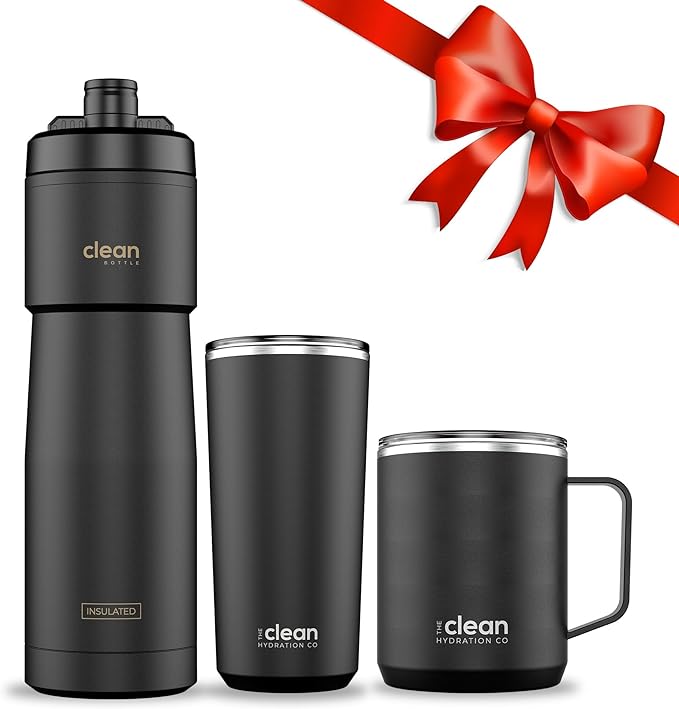 Clean Hydration Gift Set | Square Water Bottle 25 Oz | Insulated Bike Water Bottle 23 Oz | Double Wall Ceramic Tumbler 20 Oz | Black