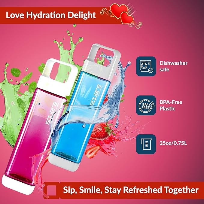 Valentines Day Gifts| Square Water Bottle 25oz | Opens from Both Ends | 2 Bottle Combo | Blue and Raspbery
