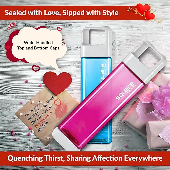 Valentines Day Gifts| Square Water Bottle 25oz | Opens from Both Ends | 2 Bottle Combo | Blue and Raspbery