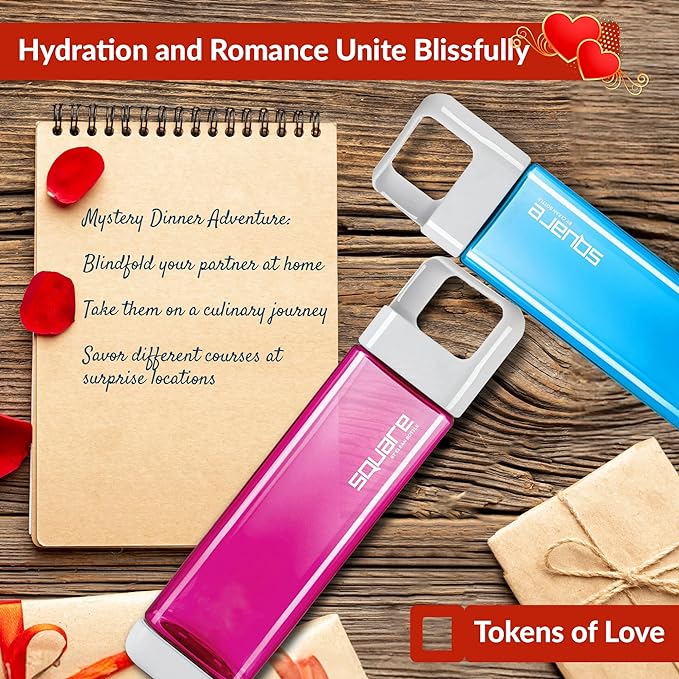 Valentines Day Gifts| Square Water Bottle 25oz | Opens from Both Ends | 2 Bottle Combo | Blue and Raspbery